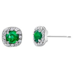 Pair Round Emerald and Diamond White Gold Square Shaped Stud Earrings