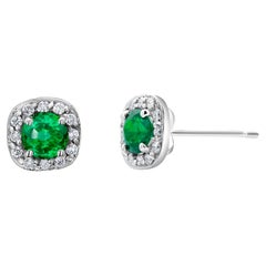 Pair Emerald and Diamond White Gold Square Shaped Stud Earrings