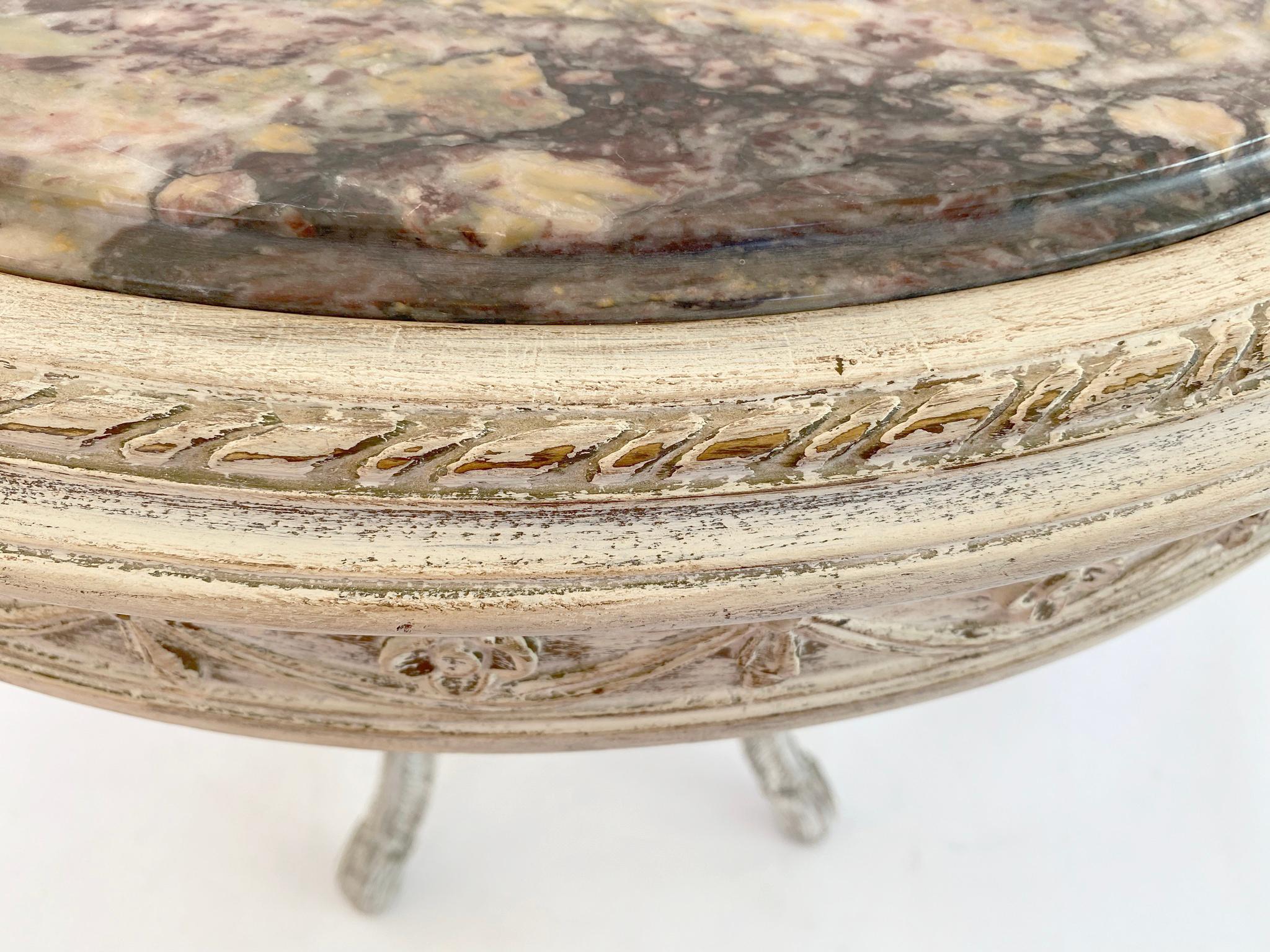 Breccia Marble Pair Round End Tables with Rouge Marble Tops on Carved Plume Base For Sale