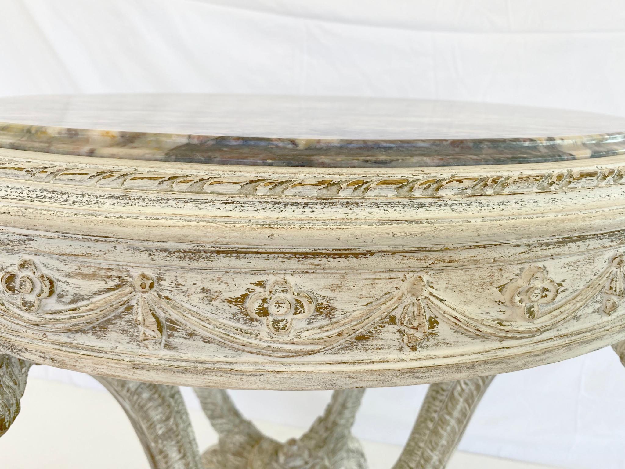 Pair Round End Tables with Rouge Marble Tops on Carved Plume Base For Sale 2