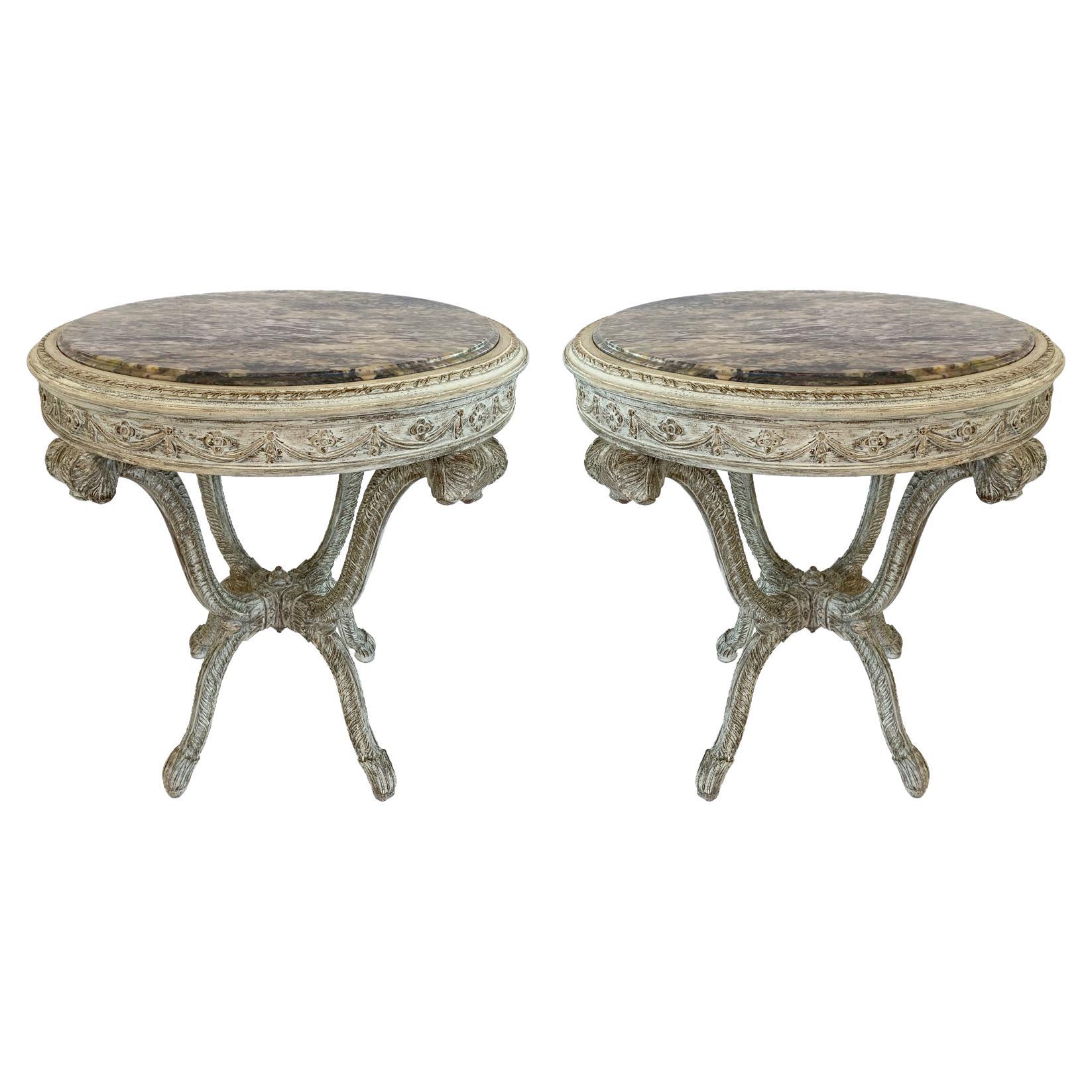Pair Round End Tables with Rouge Marble Tops on Carved Plume Base For Sale