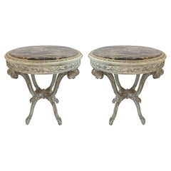 Pair Round End Tables with Rouge Marble Tops on Carved Plume Base