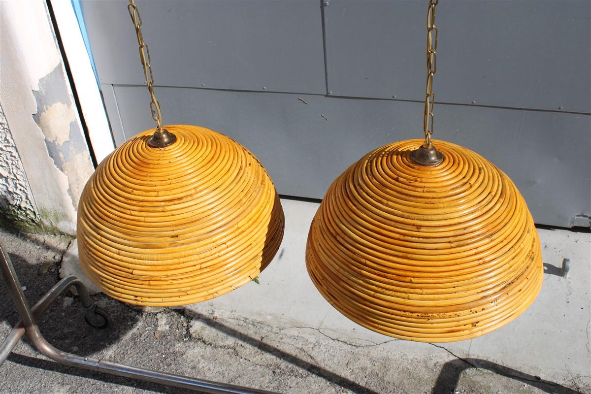 Pair Round Mid Century Italian Chandelier Bamboo and Brass 1950s 6