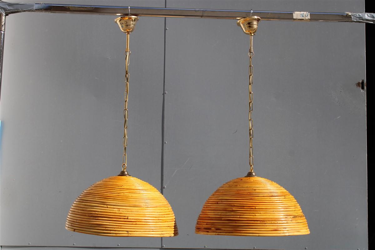 Pair round mid century Italian chandelier bamboo and brass 1950s.