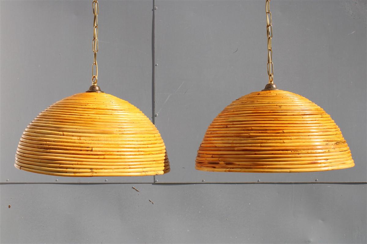 Mid-Century Modern Pair Round Mid Century Italian Chandelier Bamboo and Brass 1950s