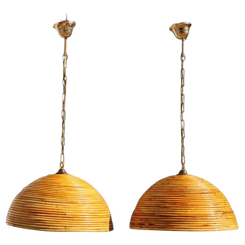 Pair Round Mid Century Italian Chandelier Bamboo and Brass 1950s