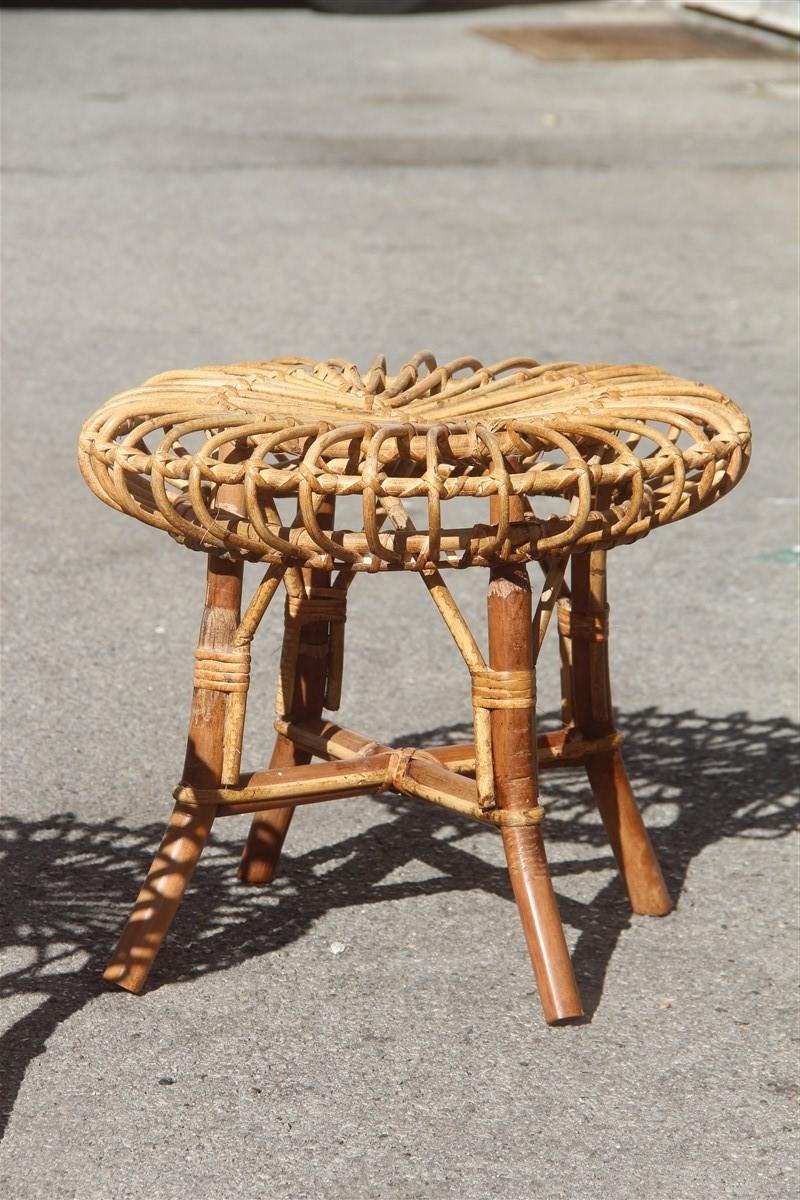 Pair of round midcentury stools bamboo curved minimal Italian design brown.