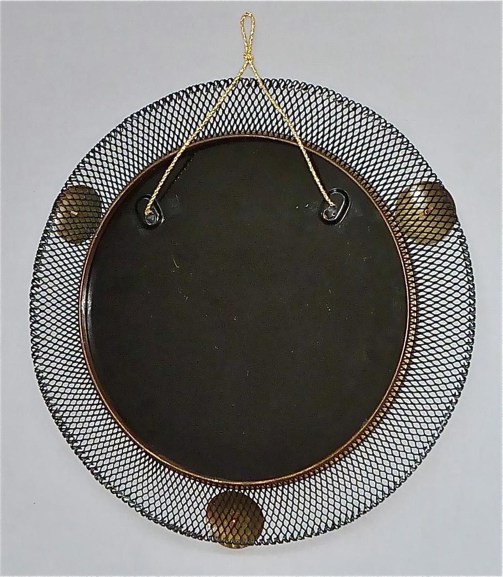 Pair Round Midcentury Wall Mirrors Brass Black Stretched Metal 1955 Mategot Biny For Sale 5