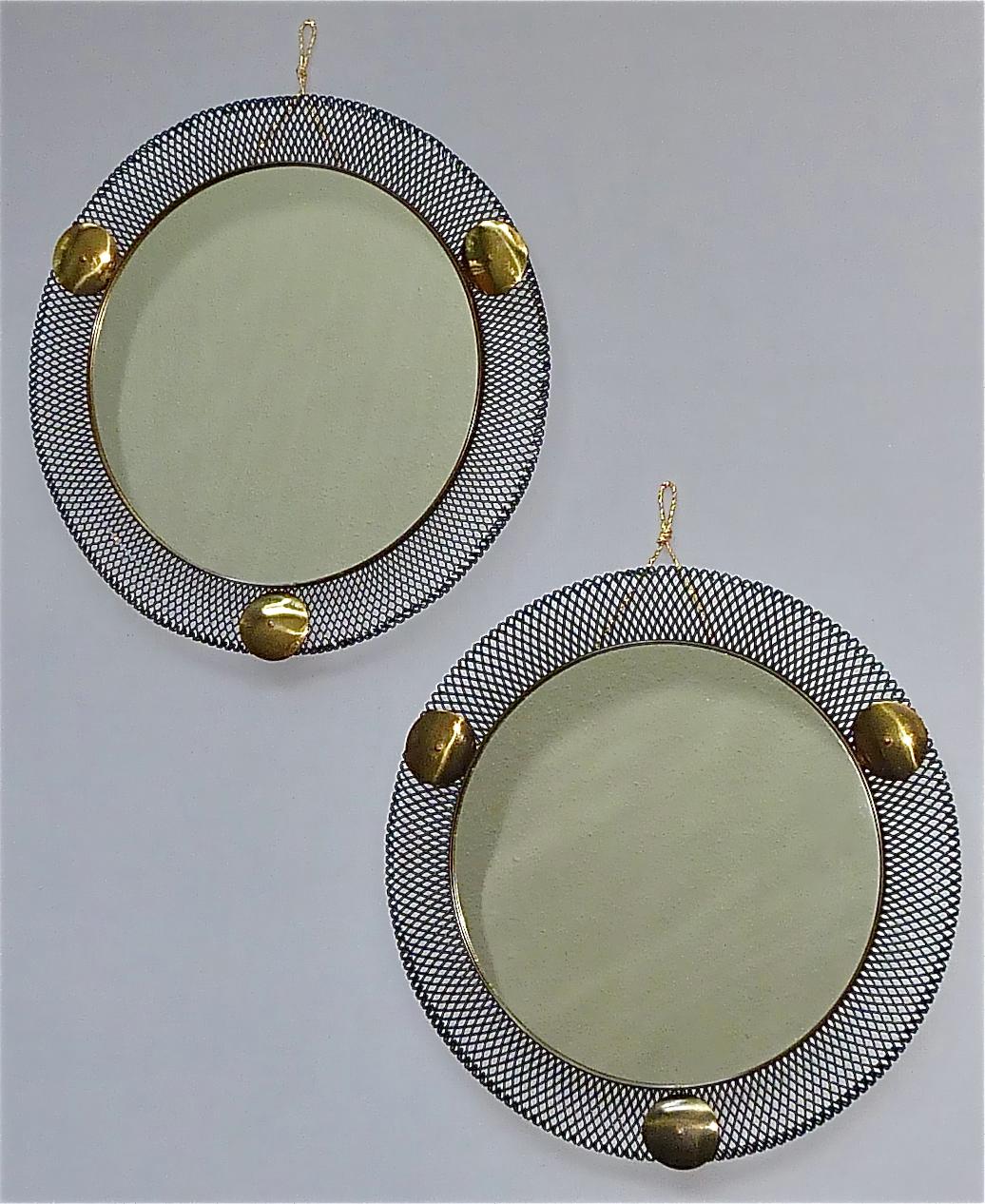 Pair Round Midcentury Wall Mirrors Brass Black Stretched Metal 1955 Mategot Biny For Sale 6