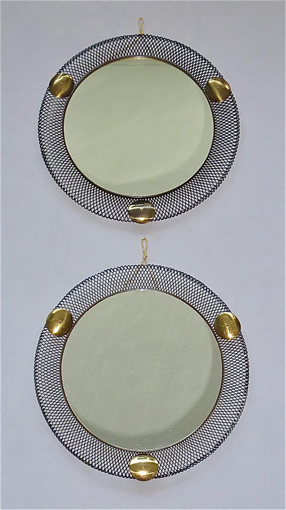 Pair Round Midcentury Wall Mirrors Brass Black Stretched Metal 1955 Mategot Biny For Sale 8