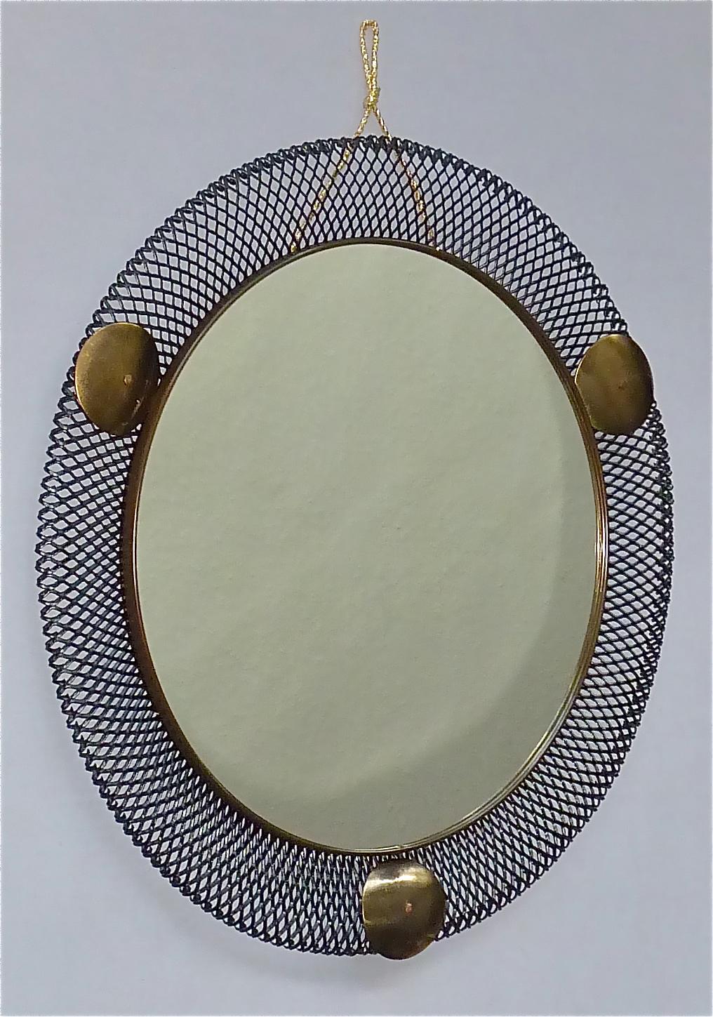 Pair Round Midcentury Wall Mirrors Brass Black Stretched Metal 1955 Mategot Biny For Sale 9