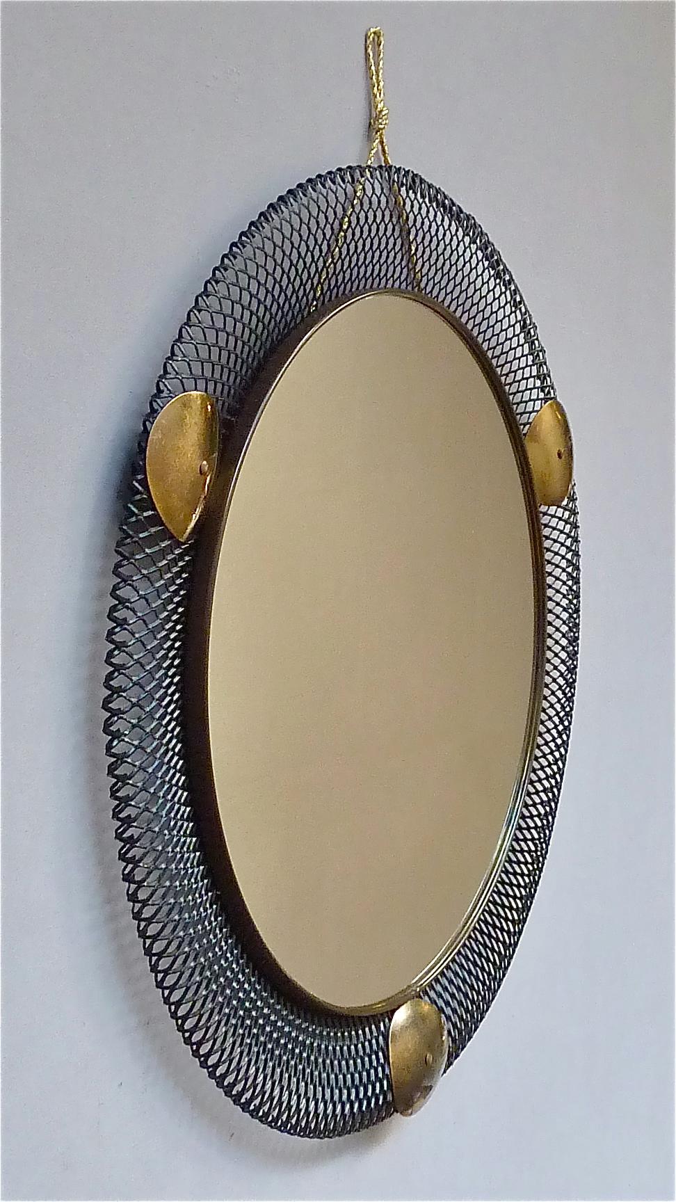 Pair Round Midcentury Wall Mirrors Brass Black Stretched Metal 1955 Mategot Biny For Sale 10