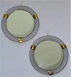 Pair Round Midcentury Wall Mirrors Brass Black Stretched Metal 1955 Mategot Biny