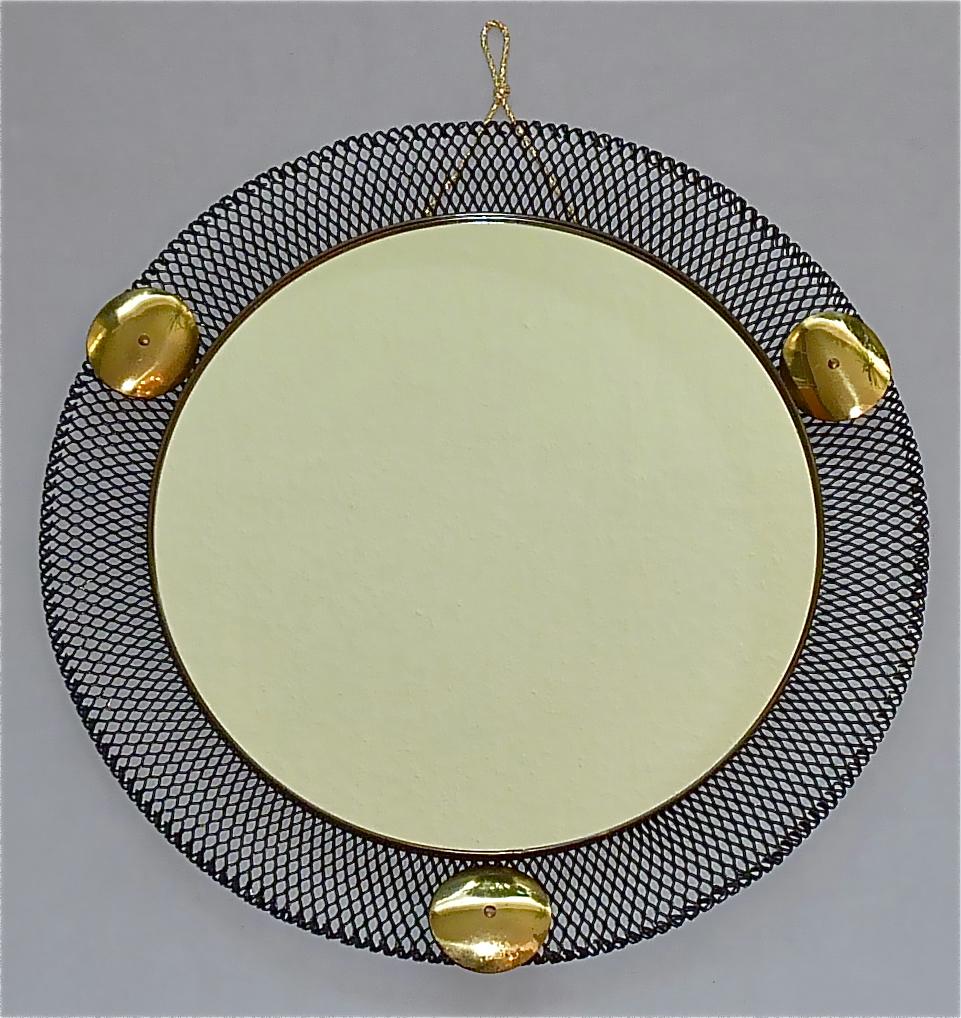 Mid-Century Modern Pair Round Midcentury Wall Mirrors Brass Black Stretched Metal 1955 Mategot Biny For Sale