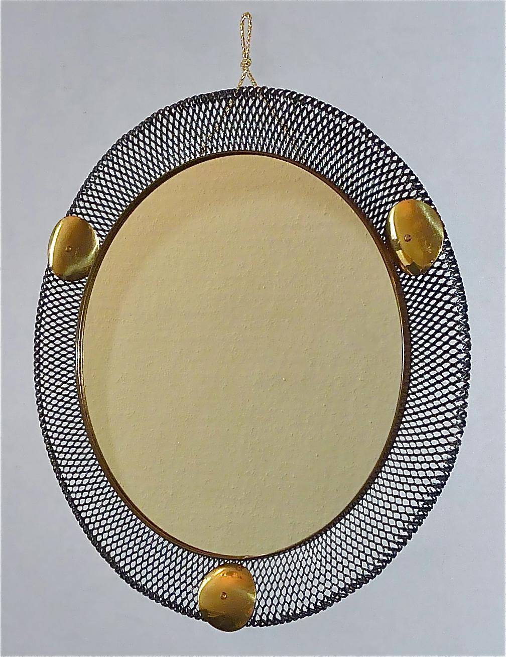 Enameled Pair Round Midcentury Wall Mirrors Brass Black Stretched Metal 1955 Mategot Biny For Sale