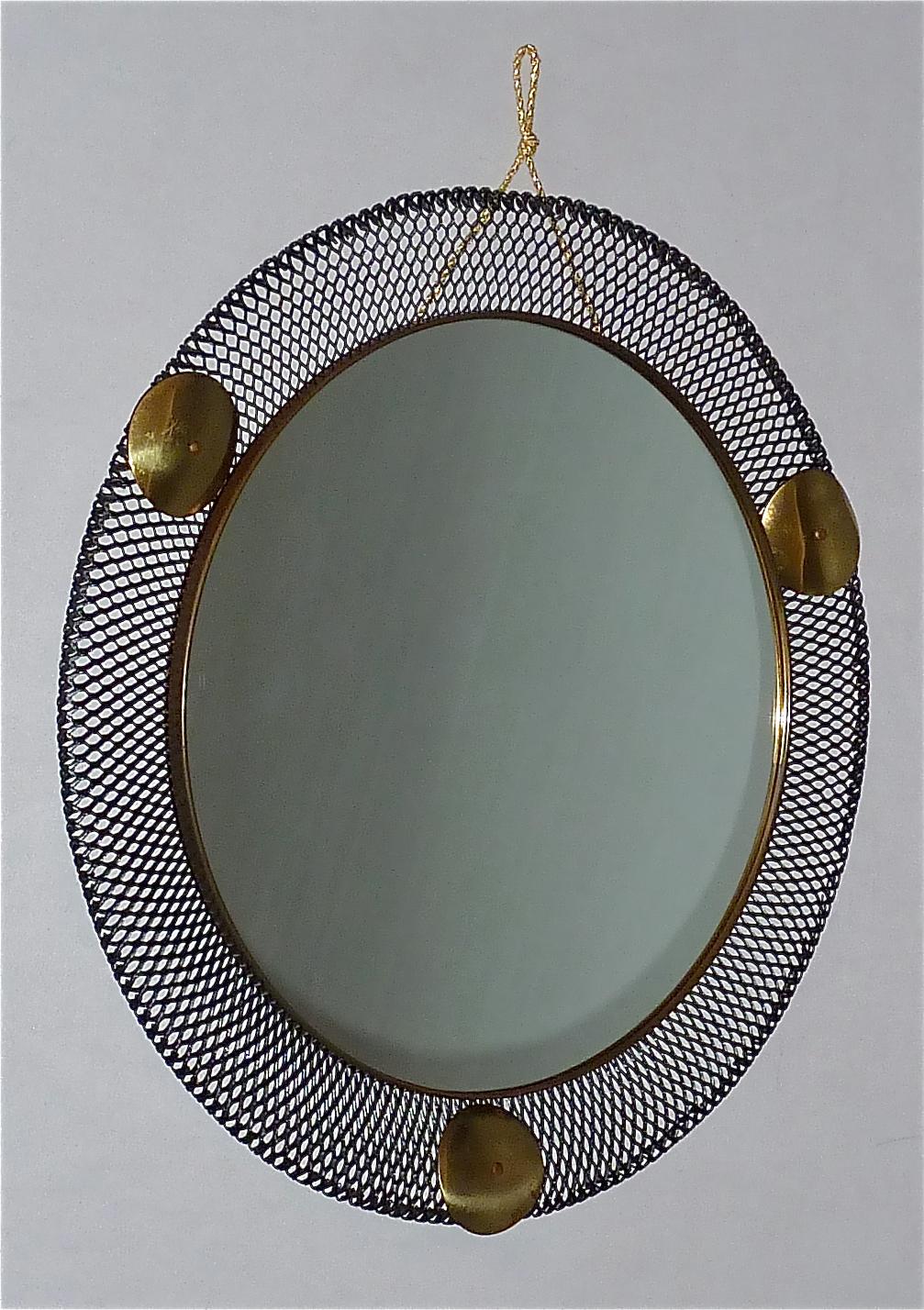 Pair Round Midcentury Wall Mirrors Brass Black Stretched Metal 1955 Mategot Biny In Good Condition For Sale In Nierstein am Rhein, DE