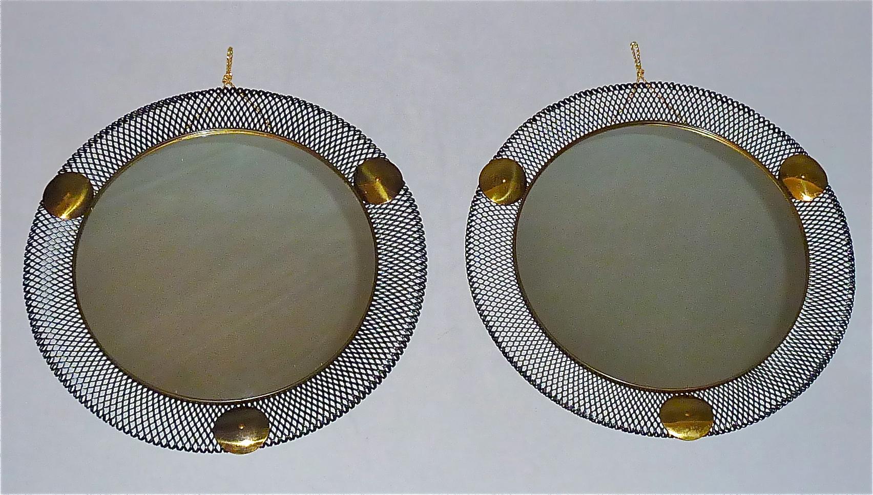 Mid-20th Century Pair Round Midcentury Wall Mirrors Brass Black Stretched Metal 1955 Mategot Biny For Sale