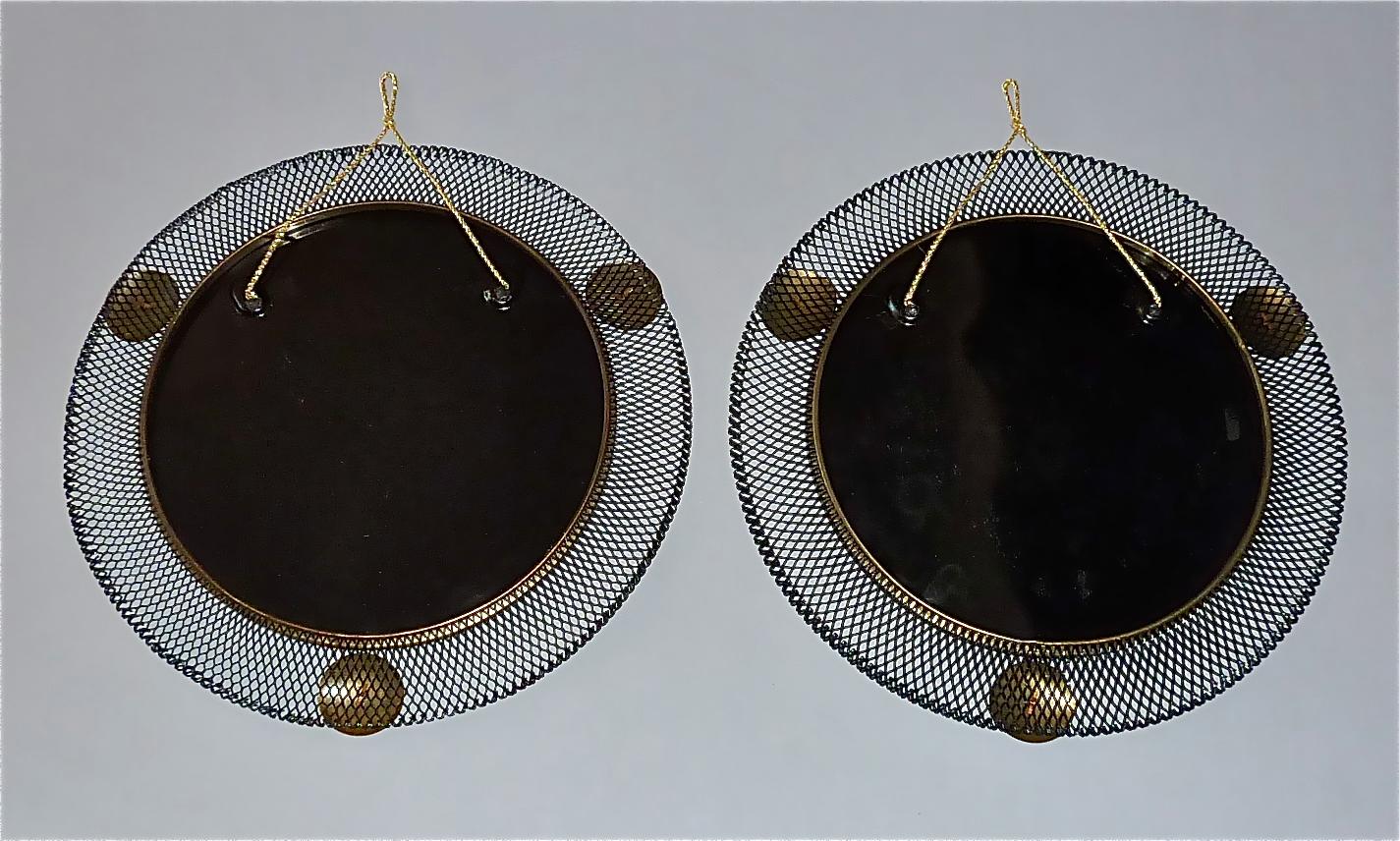Pair Round Midcentury Wall Mirrors Brass Black Stretched Metal 1955 Mategot Biny For Sale 1