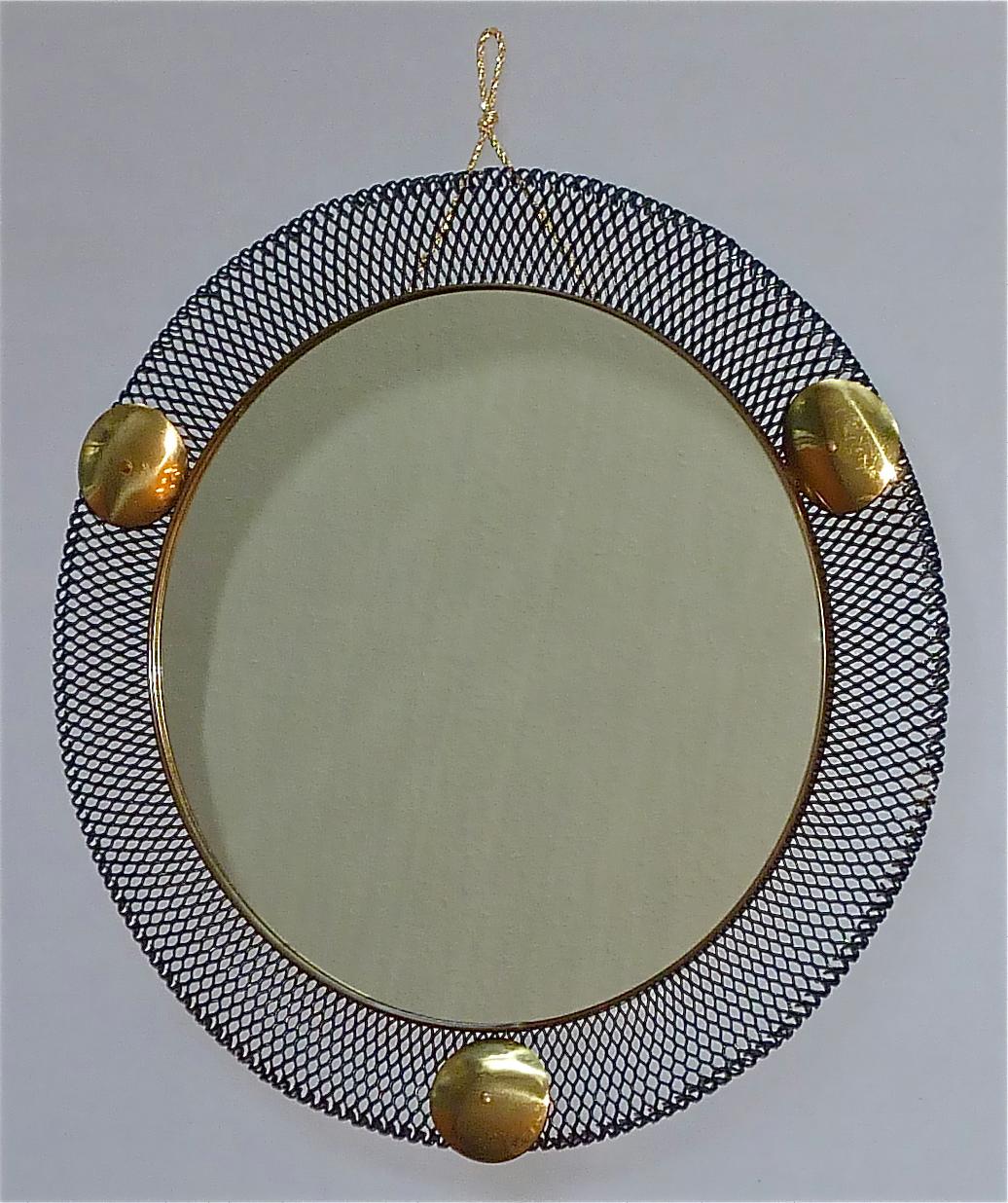 Pair Round Midcentury Wall Mirrors Brass Black Stretched Metal 1955 Mategot Biny For Sale 2