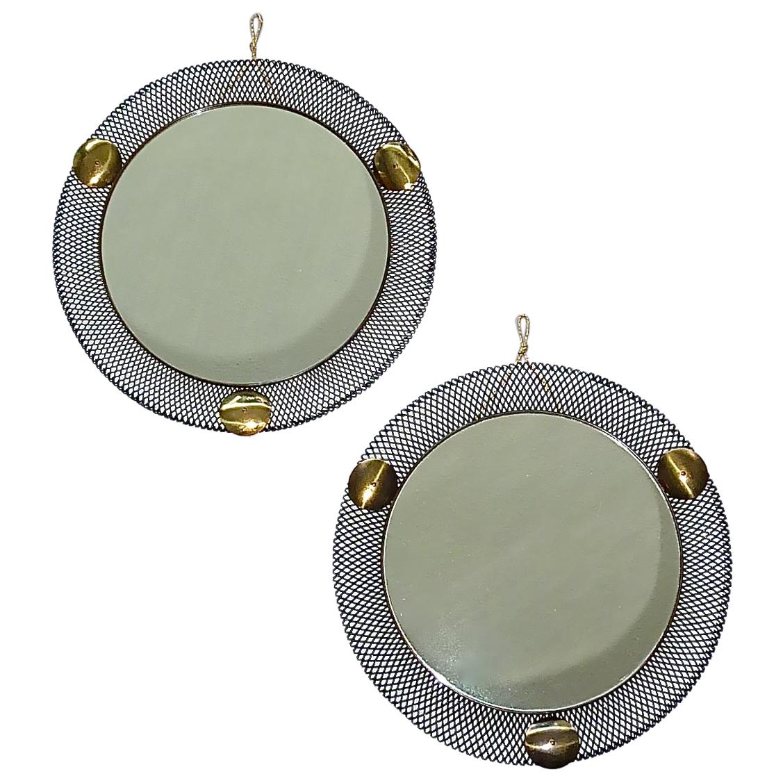 Pair Round Midcentury Wall Mirrors Brass Black Stretched Metal 1955 Mategot Biny For Sale