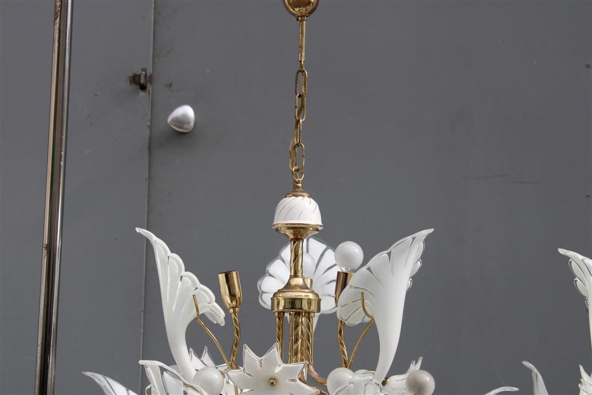 Pair Round Murano Chandelier Franco Luce White Flower Brass Parts Italian Design 4