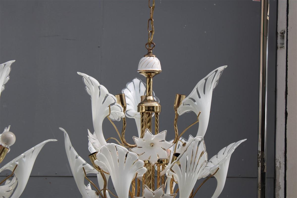 Pair Round Murano Chandelier Franco Luce White Flower Brass Parts Italian Design 6