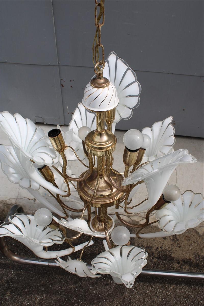 Pair Round Murano Chandelier Franco Luce White Flower Brass Parts Italian Design 7