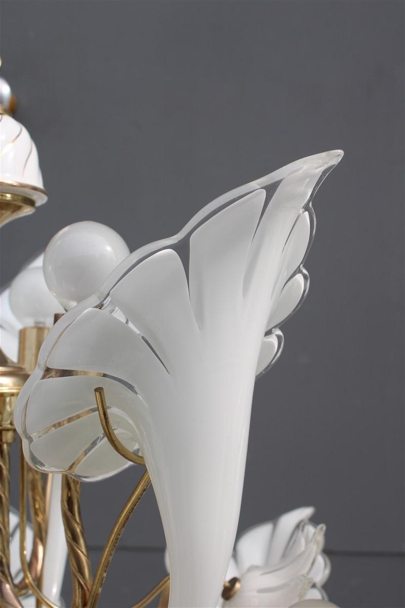 Pair Round Murano Chandelier Franco Luce White Flower Brass Parts Italian Design 8