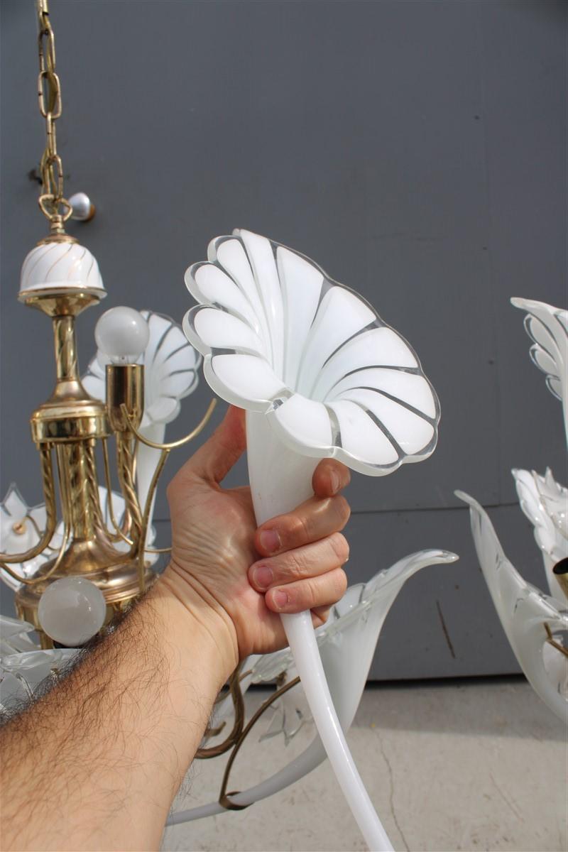 Pair Round Murano Chandelier Franco Luce White Flower Brass Parts Italian Design 9