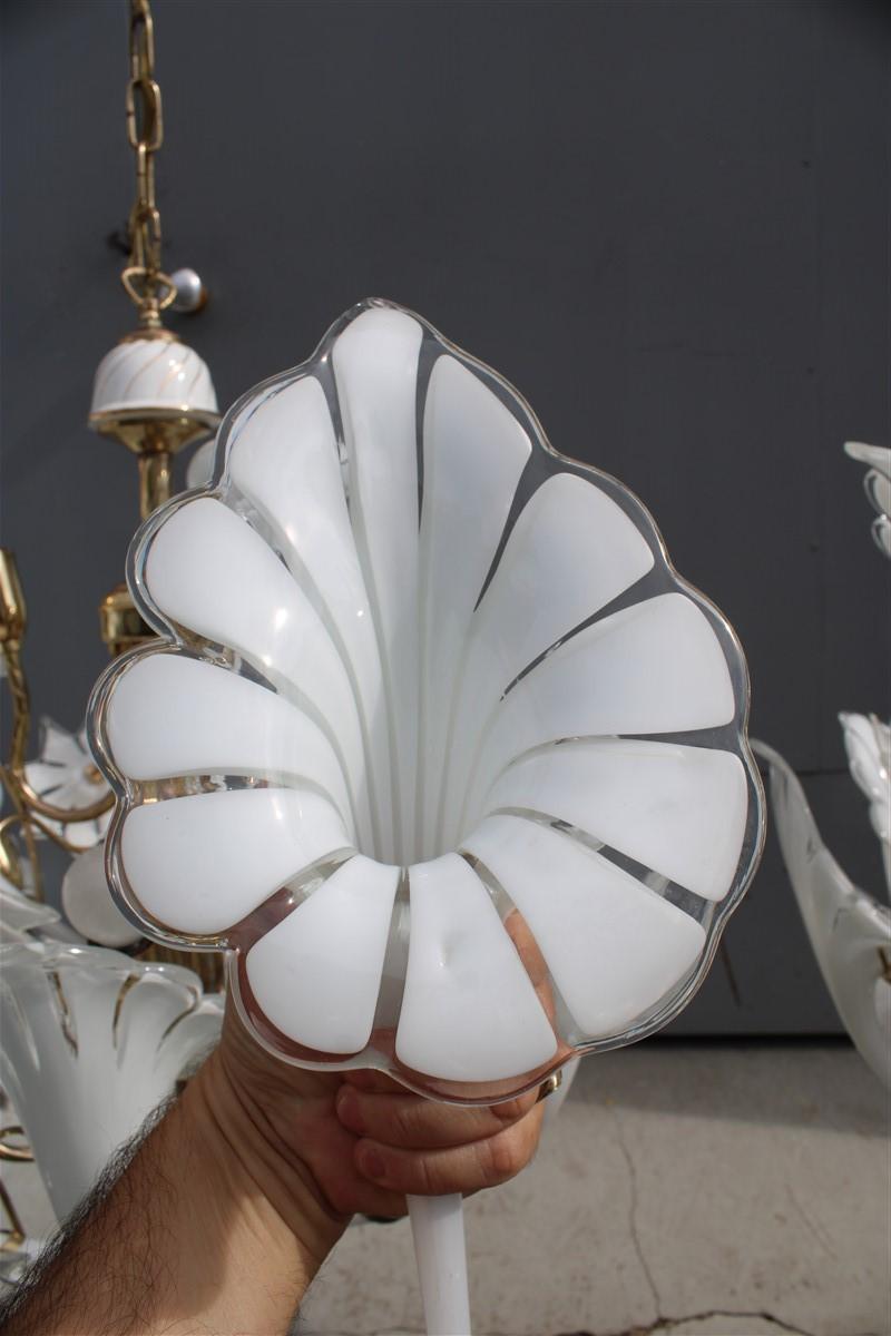 Pair Round Murano Chandelier Franco Luce White Flower Brass Parts Italian Design 10
