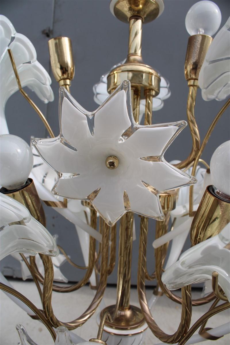 Pair Round Murano Chandelier Franco Luce White Flower Brass Parts Italian Design 11