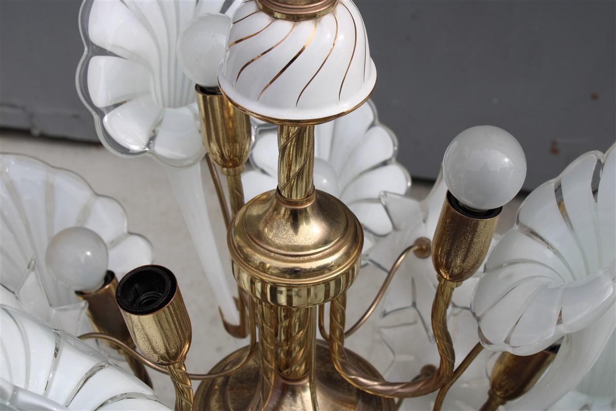 Pair Round Murano Chandelier Franco Luce White Flower Brass Parts Italian Design 13