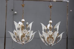 Pair Round Murano Chandelier Franco Luce White Flower Brass Parts Italian Design