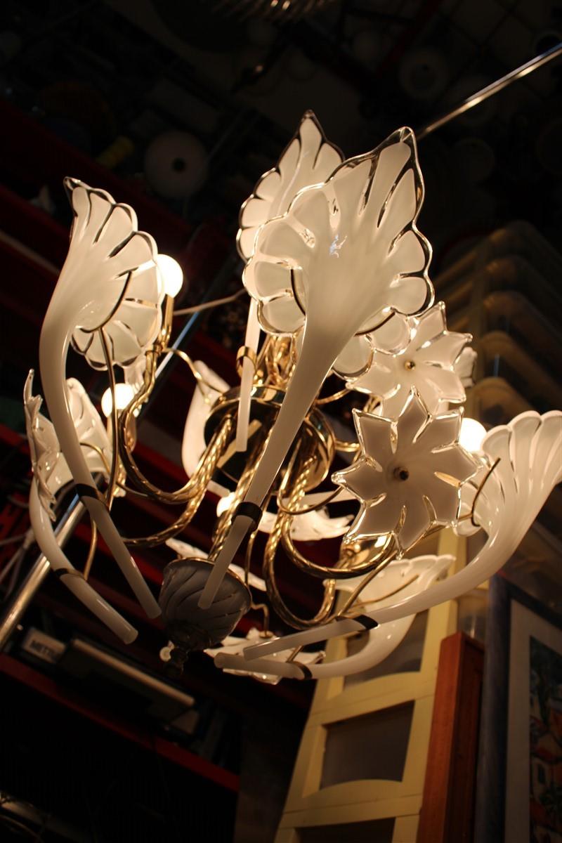 Mid-Century Modern Pair Round Murano Chandelier Franco Luce White Flower Brass Parts Italian Design
