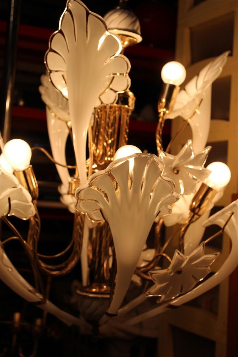 Late 20th Century Pair Round Murano Chandelier Franco Luce White Flower Brass Parts Italian Design