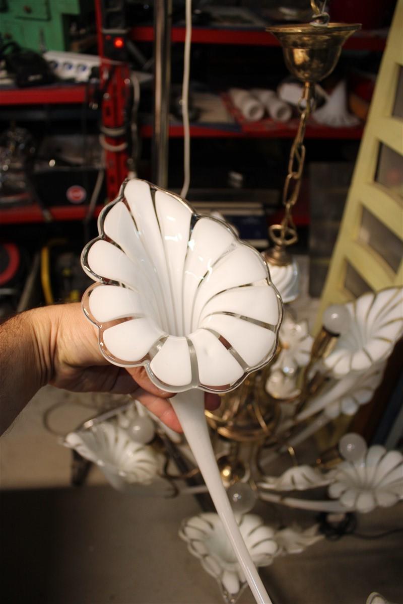 Pair Round Murano Chandelier Franco Luce White Flower Brass Parts Italian Design 1