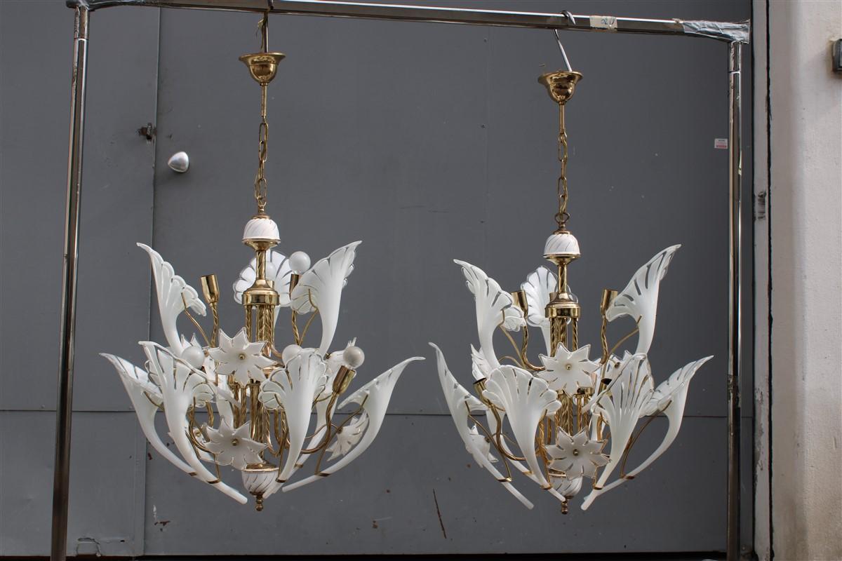 Pair Round Murano Chandelier Franco Luce White Flower Brass Parts Italian Design 2
