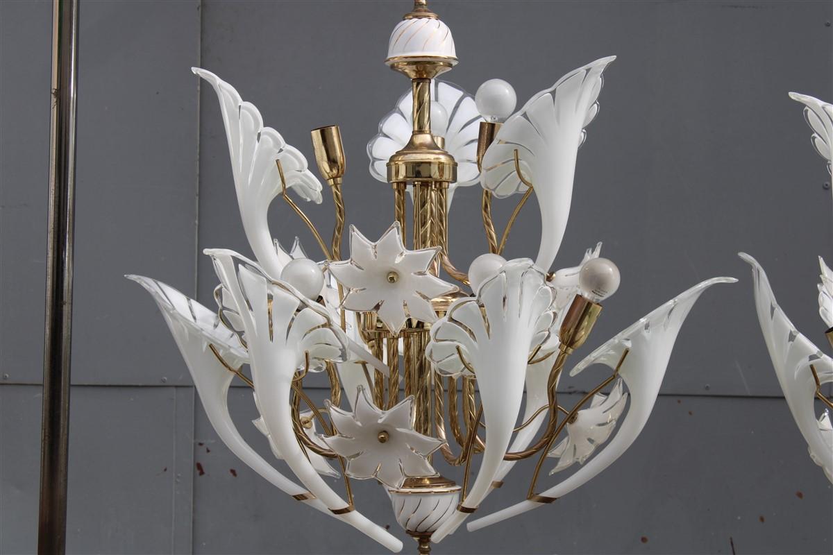 Pair Round Murano Chandelier Franco Luce White Flower Brass Parts Italian Design 3