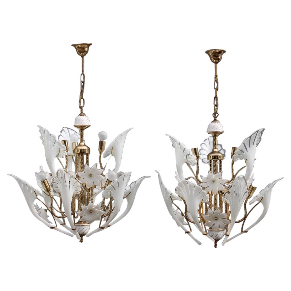 Pair Round Murano Chandelier Franco Luce White Flower Brass Parts Italian Design