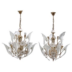 Pair Round Murano Chandelier Franco Luce White Flower Brass Parts Italian Design