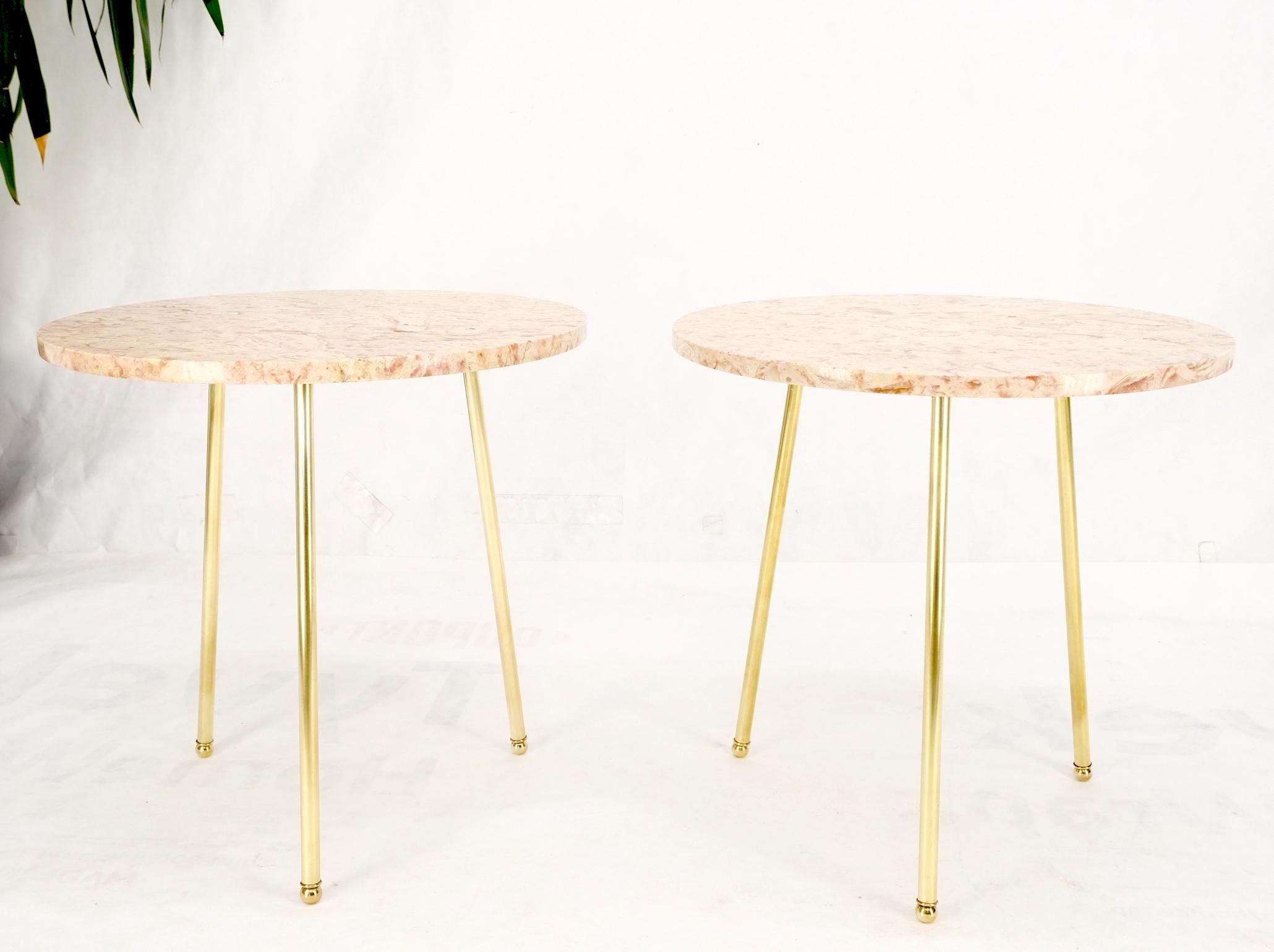 Pair Round Rouge Marble Top Tri Legged Brass Base Mid-Century Modern End Tables For Sale 7