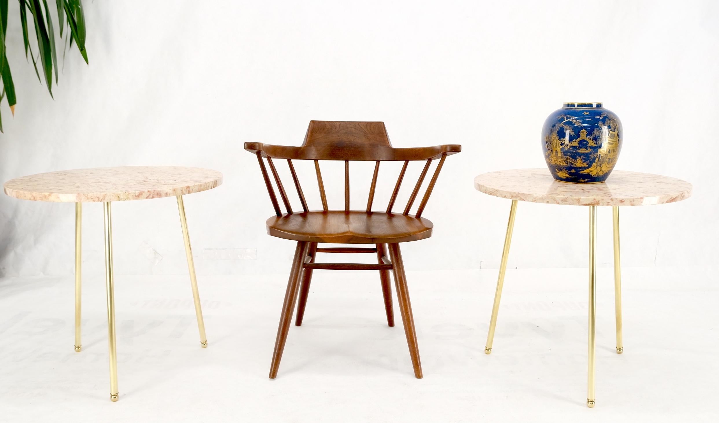 Pair Round Rouge Marble Top Tri Legged Brass Base Mid-Century Modern End Tables For Sale 8