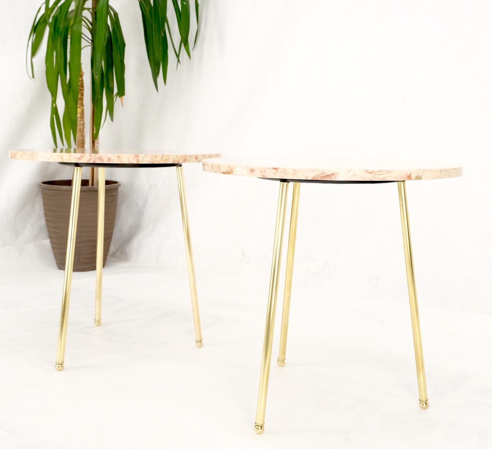 Pair Round Rouge Marble Top Tri Legged Brass Base Mid-Century Modern End Tables For Sale 9