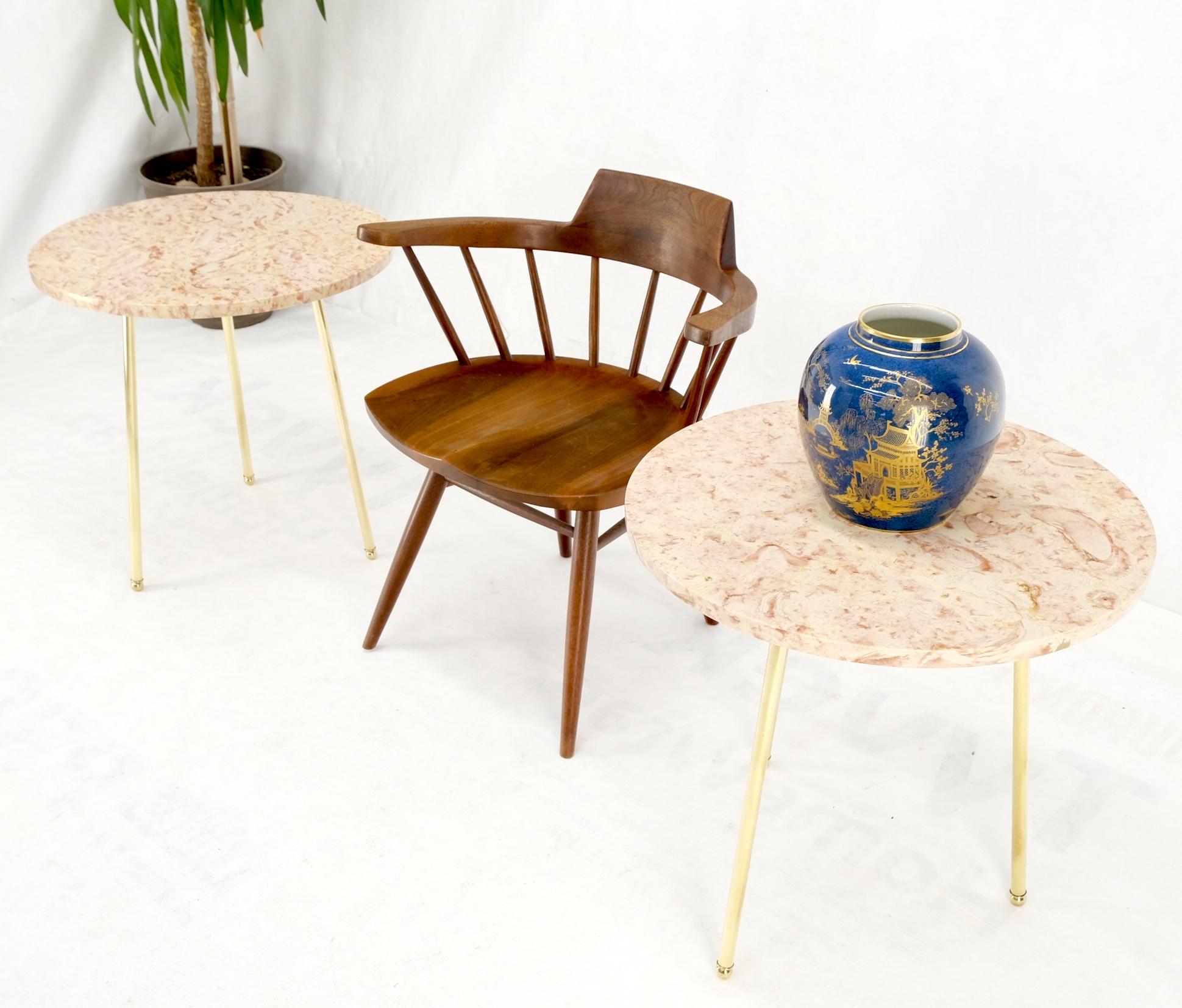 Pair round rouge marble top tri legged brass base Mid-Century Modern end tables.