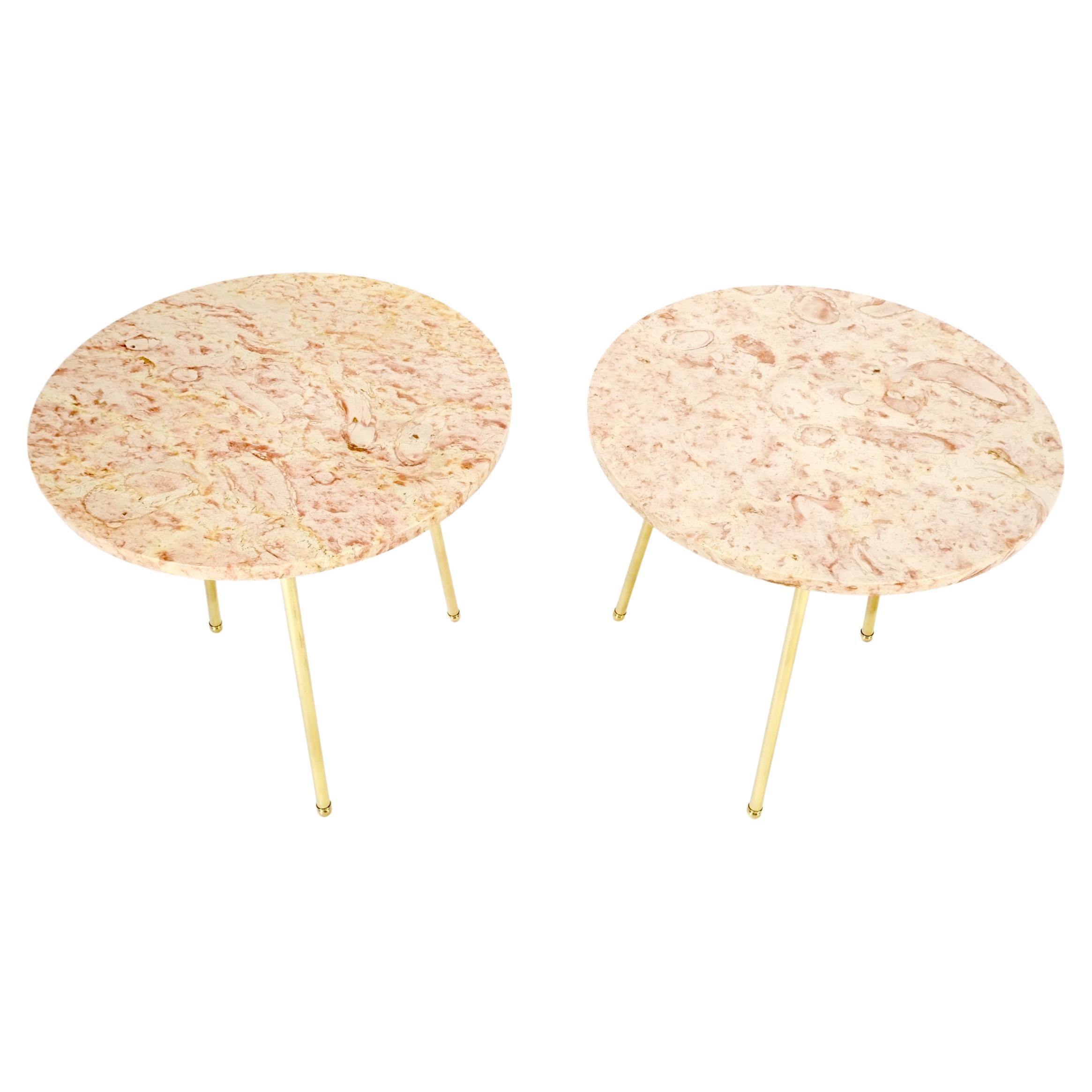 Pair Round Rouge Marble Top Tri Legged Brass Base Mid-Century Modern End Tables For Sale