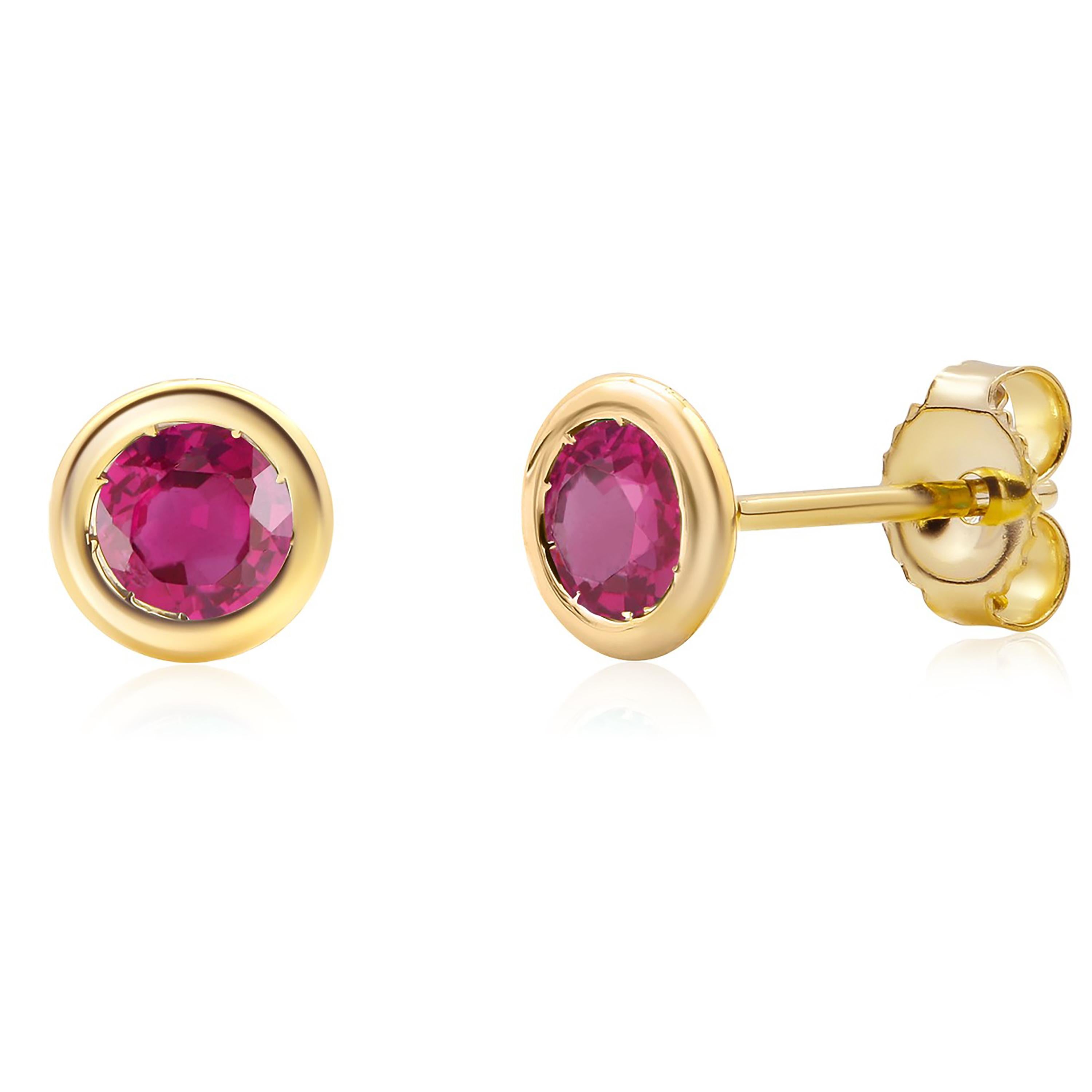 Round Cut Pair Round Ruby 0.60 Carat Bezel Set Yellow Gold 0.23 Inch Stud Earrings
