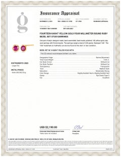 Pair Round Ruby 0.60 Carat Bezel Set Yellow Gold 0.23 Inch Stud Earrings