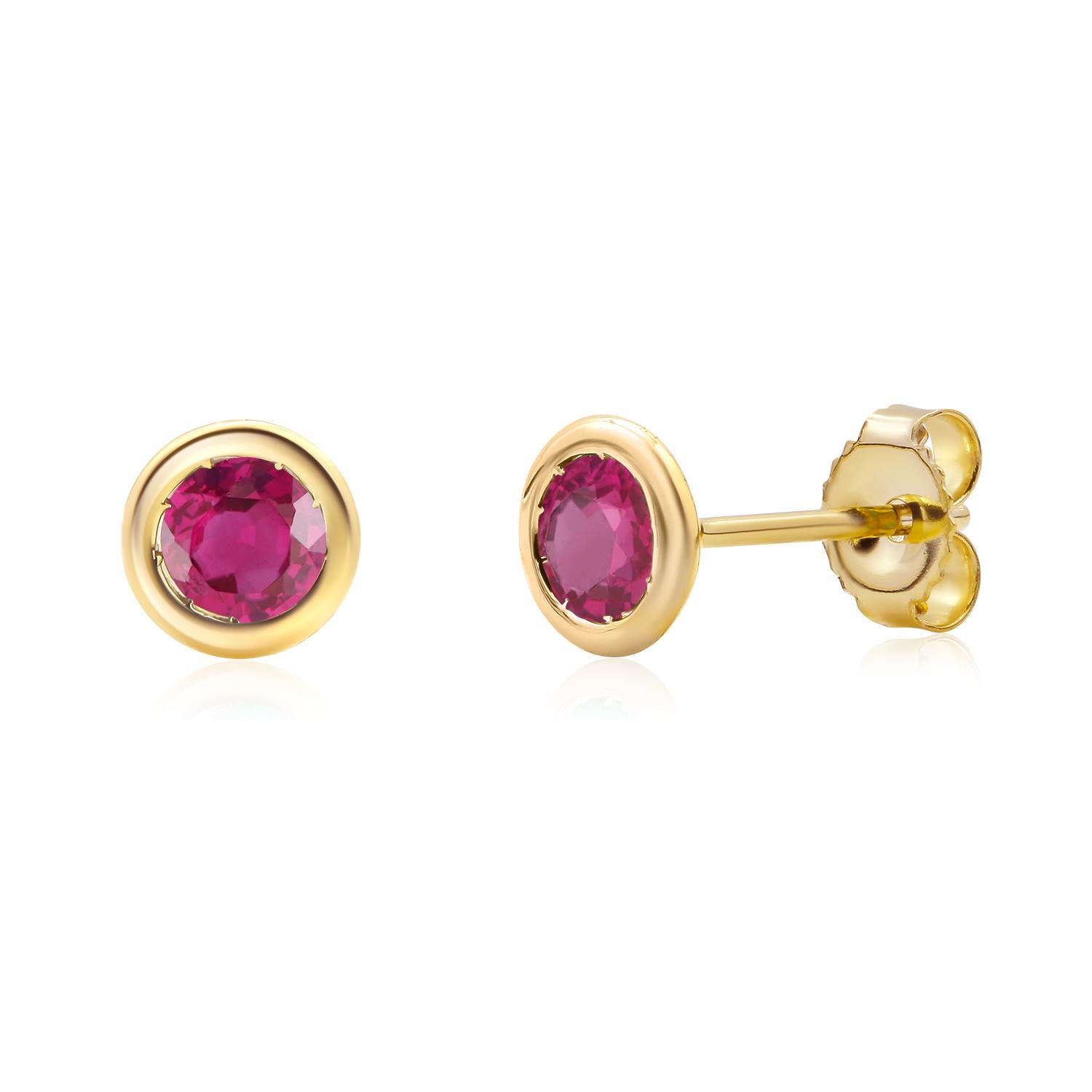 Pair Round Ruby 0.60 Carat Bezel Set Yellow Gold 0.23 Inch Stud Earrings For Sale 1