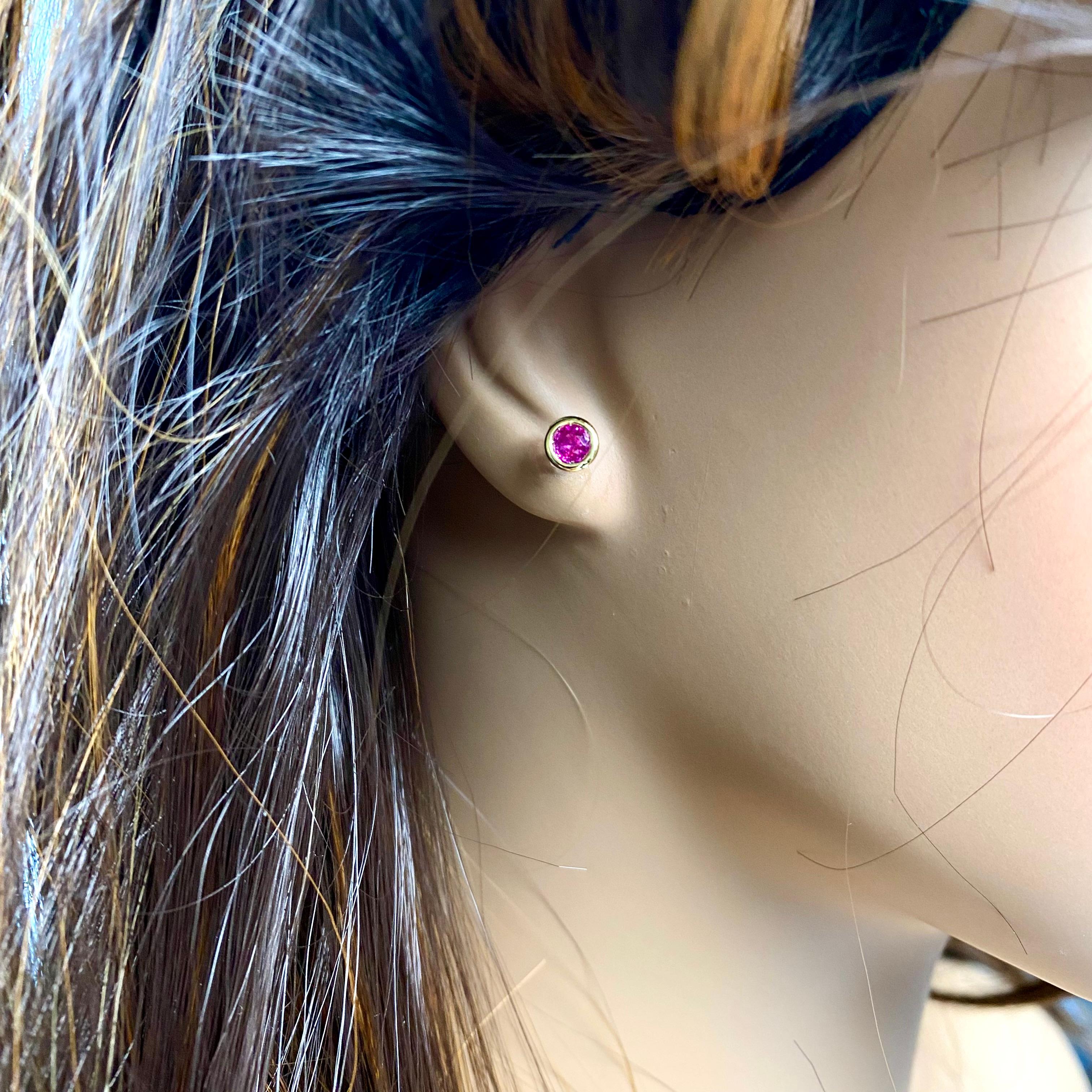 Women's or Men's Pair Round Ruby 0.60 Carat Bezel Set Yellow Gold 0.23 Inch Stud Earrings