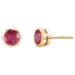 Pair Round Ruby 1.20 Carat Bezel Set Yellow Gold 0.26 Inch Stud Earrings